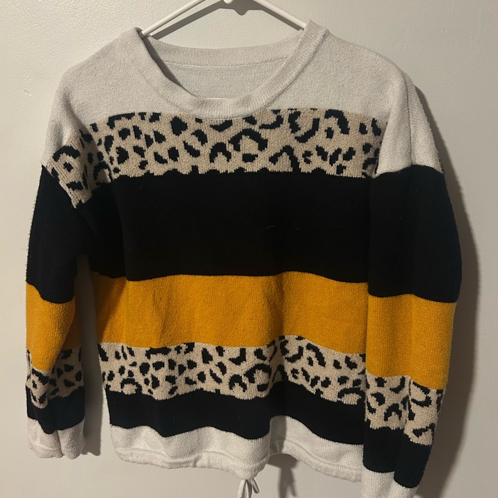 Leopard Print Striped Sweater - Black, White, Yellow